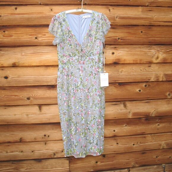 Mac Duggal 5722 Womens Blue FLORAL EMBELLISHED FLUTTER CAP SLEEVE DRESS - Picture 8 of 16